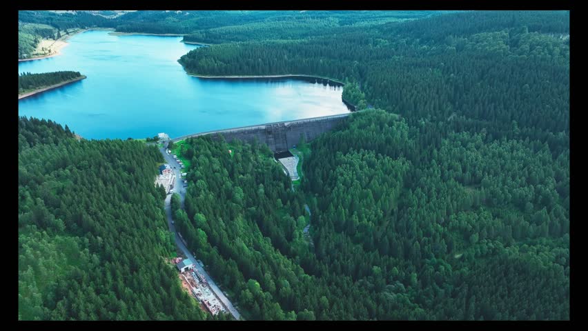 Drone footage of the dam and reservoir lake