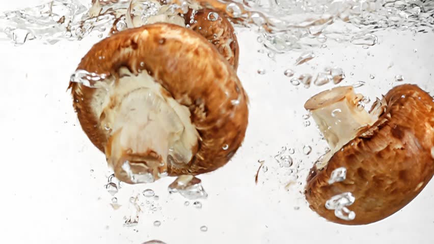Slowmo of the brown champignons thrown into transparent water to wash them. Preparing mushrooms before cooking dinner. Using organic products full of vitamins for vegetarian and healthy dishes. - Powered by Shutterstock - Get 15% off with code: PIKWIZARD15
