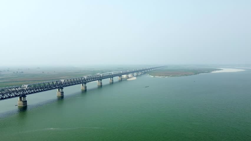  Aerial view of digha sonpur bridge or J. P. Setu is a rail-cum-road steel truss bridge across river ganga, connecting digha ghat in patna and pahleja ghat in sonpur at bihar India.