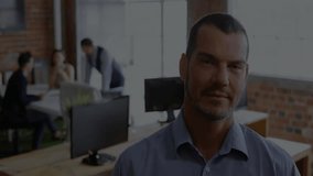 Business growth chart animation over smiling man in modern office environment. success, professional, achievement, strategy, technology, analysis - Powered by Shutterstock - Get 15% off with code: PIKWIZARD15