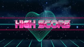 High score text animation over neon heart and grid background. Retro, 80s, digital, game, gaming, pixel - Powered by Shutterstock - Get 15% off with code: PIKWIZARD15