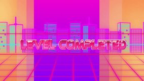 Level completed text animation over neon cityscape background. urban, futuristic, glowing, digital, gaming, cyberpunk - Powered by Shutterstock - Get 15% off with code: PIKWIZARD15