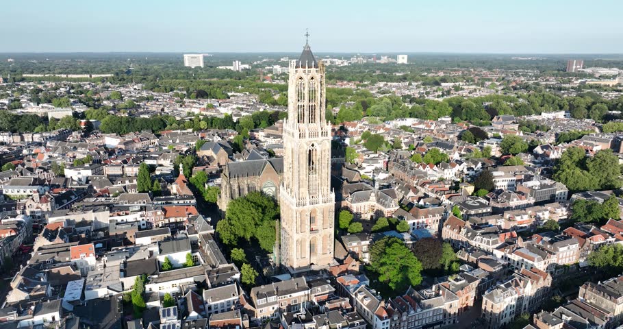 Aerial view of the Dom toren, Dom tower, cathedral in Utrecht, The Netherlands.