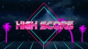 High score text animation over neon geometric shapes and starry night background. Gaming, retro, futuristic, digital, vibrant, typography - Powered by Shutterstock - Get 15% off with code: PIKWIZARD15