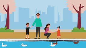 Happy family with kids in city park, feeding ducks in pond water cartoon animation - Powered by Shutterstock - Get 15% off with code: PIKWIZARD15