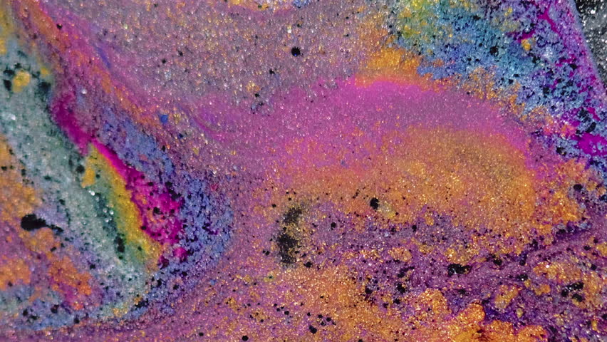 Abstract background. Sparkling ink. Shimmering wave. Bright purple blue gold black paint creative spill blot blend motion in hypnotic stream art.