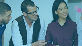 Animation of financial data processing over diverse colleagues discussing work in office. Global business, finances, computing and digital interface concept digitally generated video. - Powered by Shutterstock - Get 15% off with code: PIKWIZARD15