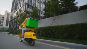 Courier man carry package moped. Guy ride scooter city street deliver box. Green backpack mock up. Fast food delivery service. Person drive bike thermal store bag. Express home order. Rush rider hurry - Powered by Shutterstock - Get 15% off with code: PIKWIZARD15