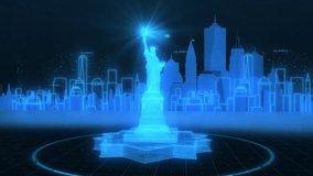 Hologram-style animation of Statue of Liberty with New York cityscape in the background. Holographic image of Liberty island and New York city in the shades of blue.  - Powered by Shutterstock - Get 15% off with code: PIKWIZARD15