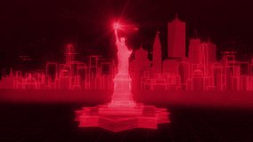 Hologram-style animation of Statue of Liberty with New York cityscape in the background. Holographic image of Liberty island and New York city in the shades of red - Powered by Shutterstock - Get 15% off with code: PIKWIZARD15