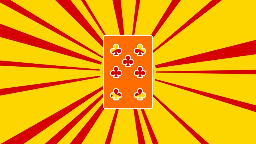 Seven of clubs playing card on the background of animation from moving rays of the sun. Large orange symbol increases slightly. Seamless looped 4k animation on yellow background