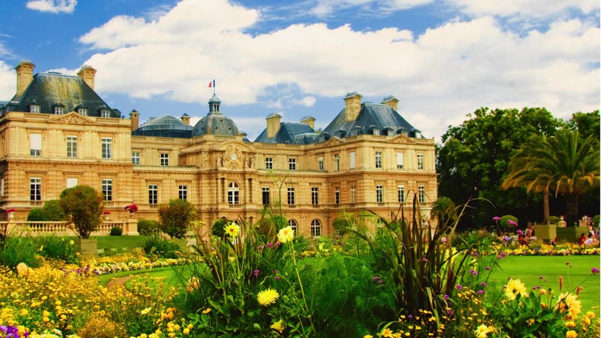 Luxembourg Palace and park timelapse hyper lapse in Paris, the Jardin du Luxembourg, one of the most beautiful gardens in Paris. France.
