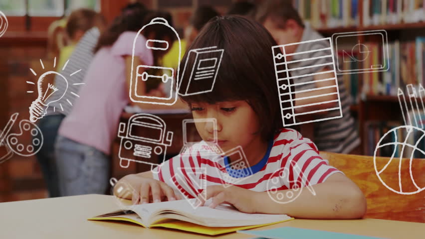 Animation of school items icons over diverse schoolchildren reading books in library. Global education, learning and school concept digitally generated video.