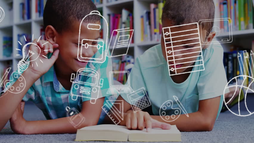 Animation of school items icons over biracial schoolboys reading book in library. Global education, learning and school concept digitally generated video.