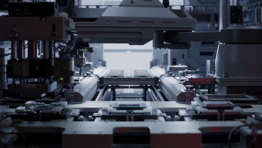 Computer Chip Automated Production Line. Microchip Manufacturing Facility. Close-up of Heat Spreader Attachment to Advanced Processor on Automated Conveyor at Electronics Factory. 