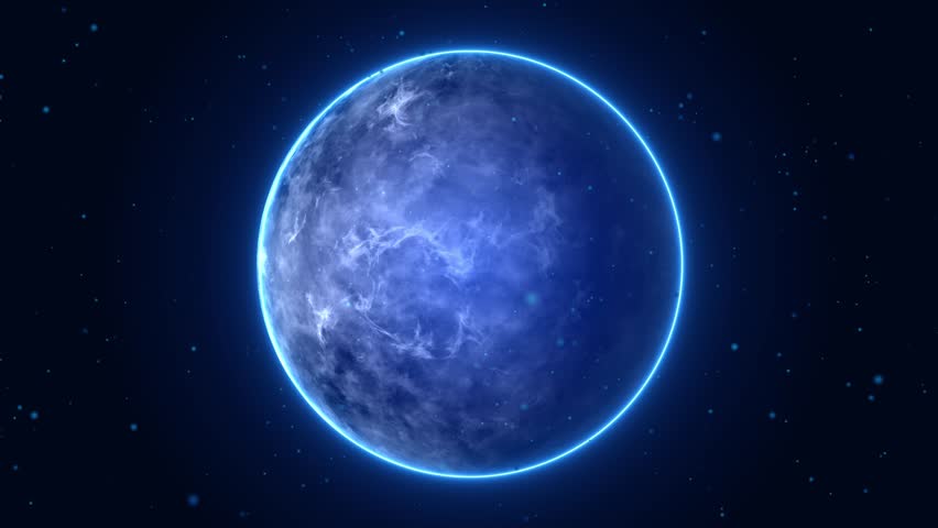 Close-up of a planet in space with turbulence, heat and dynamic atmosphere. Glowing blue planet on dark black background of space. Abstract blue plasma energy sphere. 4K animation