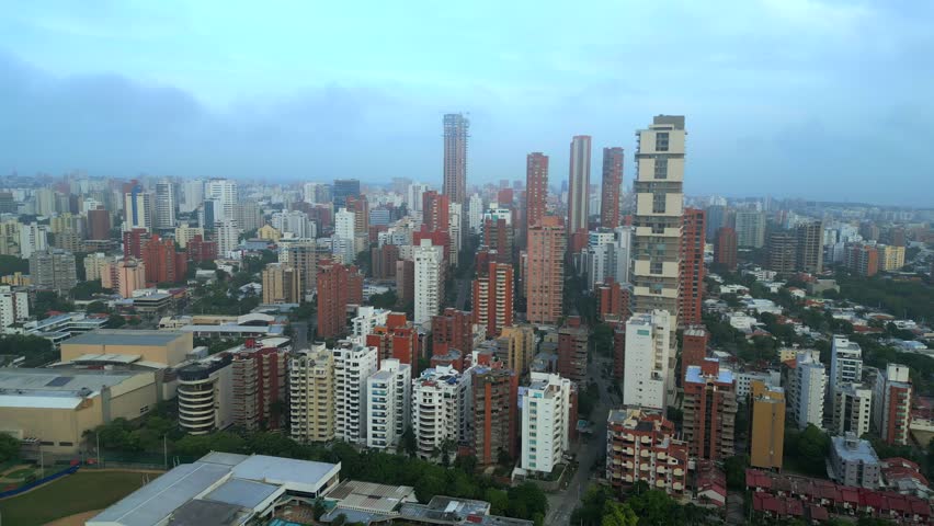 Aerial View Barranquilla Downtown Skyscrapers Buildings. Alto Prado. Dolly Forward. Mourning.