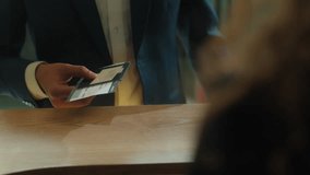 Arabian Indian man traveler tourist businessman passenger male guy airport terminal woman concierge female girl check passport documents flight ticket travel business trip arrive registration service - Powered by Shutterstock - Get 15% off with code: PIKWIZARD15