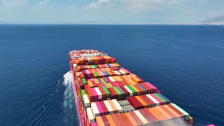 Aerial top view of a industrial super container cargo ship sailing over the ocean