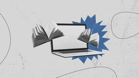 Trendy Halftone Collage Online education concept. Computer laptop with hand, floating books and lightbulb. News course, webinar. - Powered by Shutterstock - Get 15% off with code: PIKWIZARD15