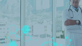 Medical data and molecular structures animation over smiling doctor in hospital. Healthcare, scientist, innovation, biotechnology, diagnostics, futuristic - Powered by Shutterstock - Get 15% off with code: PIKWIZARD15