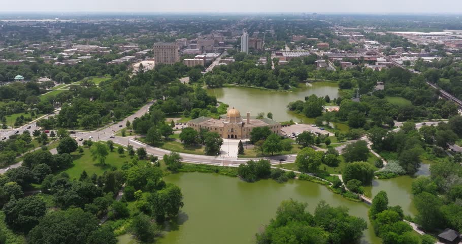 Establishing Aerial View Above Garfield Park Gold Dome Fieldhouse. Chicago, Illinois