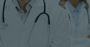 Processing data and loading animation over smiling medical professionals in hospital. Healthcare, technology, teamwork, innovation - Powered by Shutterstock - Get 15% off with code: PIKWIZARD15