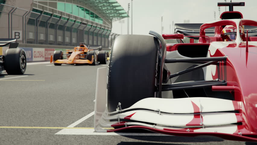 Camera pans along a generic race car in pole position with focus shift to other race cars. Front view. 3D animation rendering