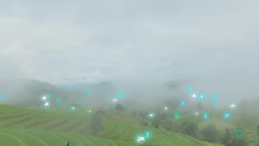 Serene Agricultural Landscape with Digital Technology and Data Integration Symbols Overlaying Lush Green Terraces: The Future of Smart Farming - Powered by Shutterstock - Get 15% off with code: PIKWIZARD15