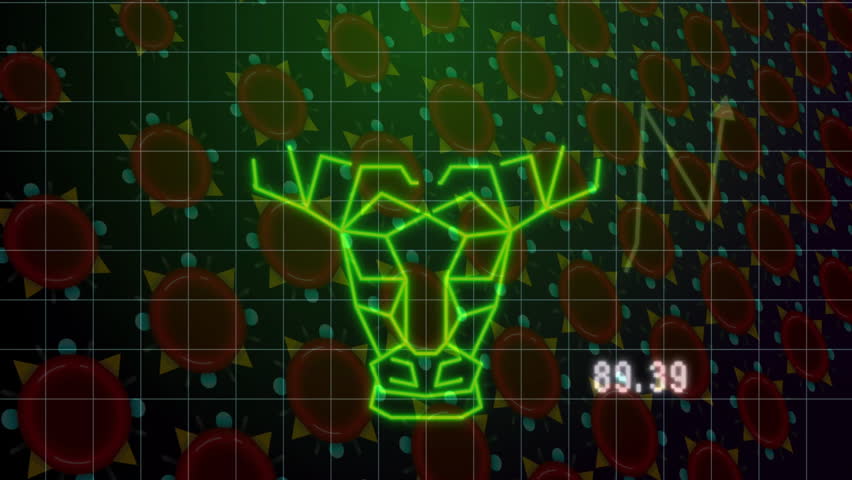 Bull head graphic with financial data animation over stock market chart and virus cells. Finance, investment, bullish, animated, pandemic - Powered by Shutterstock - Get 15% off with code: PIKWIZARD15