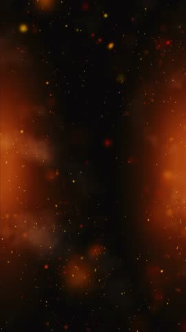 Flying fire sparks on a black background, create abstract glowing particles and smoke. Vertical animation of fiery orange glowing ember particles
