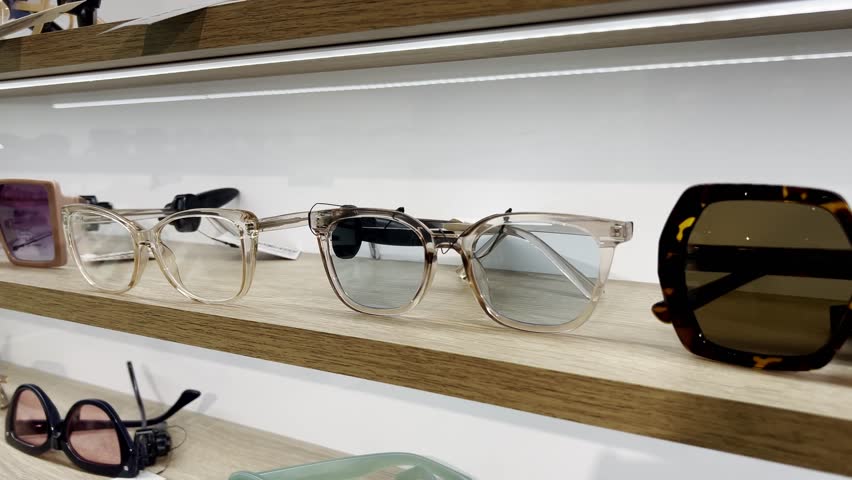A collection of stylish modern eyeglasses and sunglasses displayed on a wooden shelf in a store. The showcased glasses include various designs and colors, catering to different preferences.