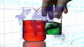 Stock market data animation over hands holding beakers with red and green liquids. data analysis, science, laboratory, research, experiment, finance - Powered by Shutterstock - Get 15% off with code: PIKWIZARD15