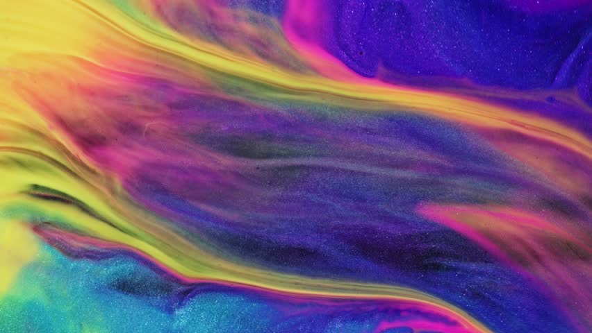 Abstract video with swirling neon pink, green and purple paint on black background, dynamic movement in the style of watercolor texture with fluid shapes and vibrant colors.