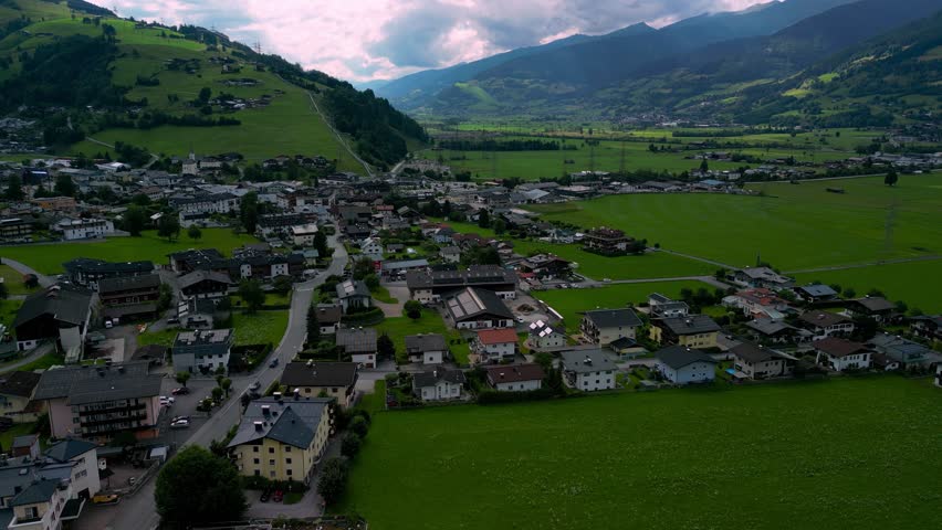 Flying over the Alpine village of Kaprun in Austria