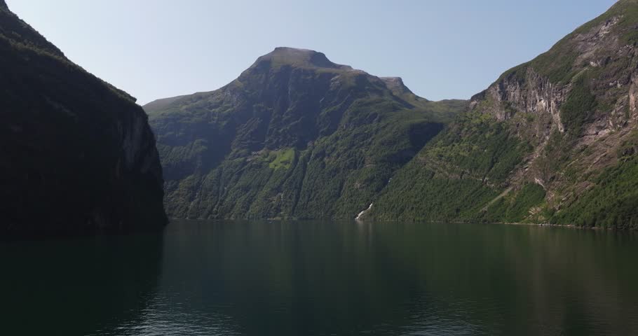 Establishing Drone Shot Above Geirangerfjord in Norway. Summer