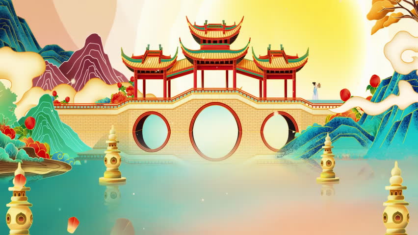 Digital art ancient landscape Painting Traditional Ink Style national ancient house temple culture of beautiful calm trees, mountains, flowers, lake, water, birds, sky, boat, cherry blossoms season