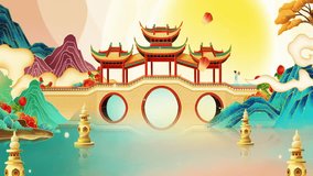 Digital art ancient landscape Painting Traditional Ink Style national ancient house temple culture of beautiful calm trees, mountains, flowers, lake, water, birds, sky, boat, cherry blossoms season - Powered by Shutterstock - Get 15% off with code: PIKWIZARD15