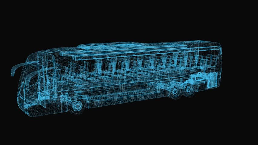 City bus wireframe scheme. 3d render with blue grid lines. Loop rotation on black background. 