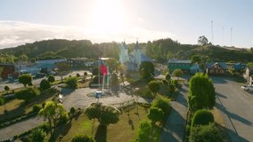 Aerial drone view of the square and the San Antonio de Chacao Church. Slow movement to the right - Powered by Shutterstock - Get 15% off with code: PIKWIZARD15