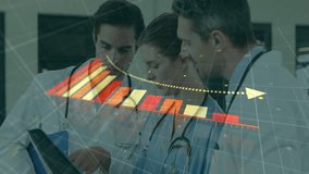 Discussing medical chart, doctors with data analysis animation overlaid in hospital. Healthcare, teamwork, technology - Powered by Shutterstock - Get 15% off with code: PIKWIZARD15