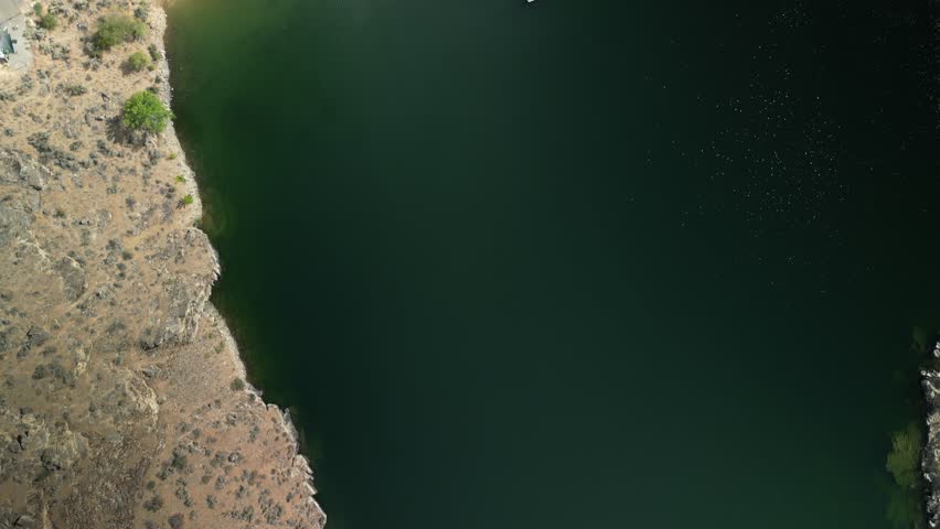 Top down aerial of boat docks on Columbia River Lake Roosevelt in Grand Coulee Washington