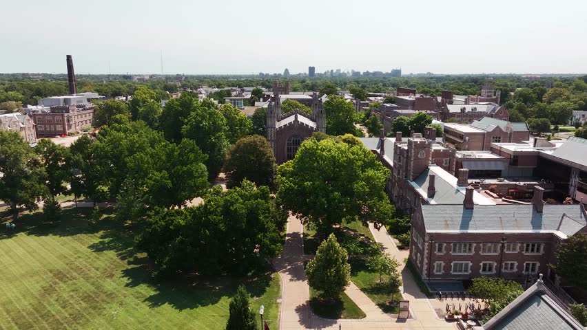 Aerial view of Graham Chapel Church at Washington University in St. Louis, Missouri inside of a college campus.