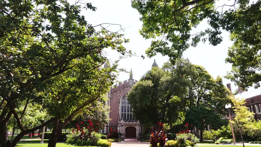 Aerial view of Graham Chapel Church at Washington University in St. Louis, Missouri inside of a college campus.