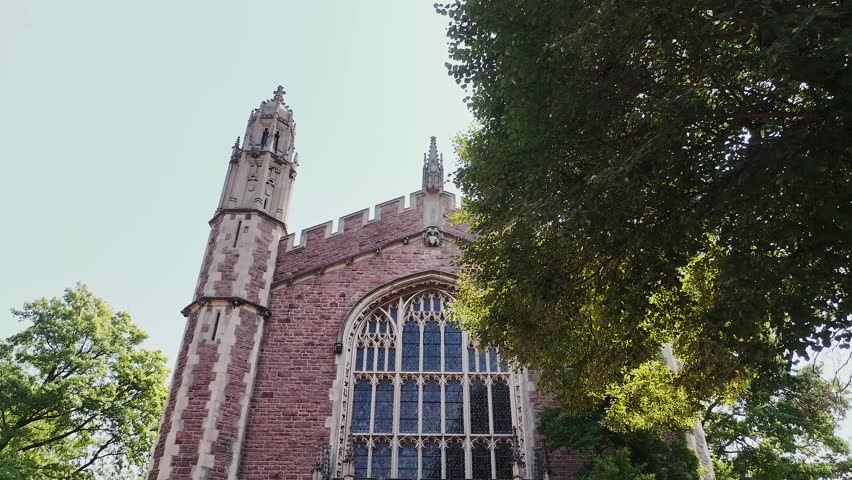 Aerial view of Graham Chapel Church at Washington University in St. Louis, Missouri inside of a college campus.