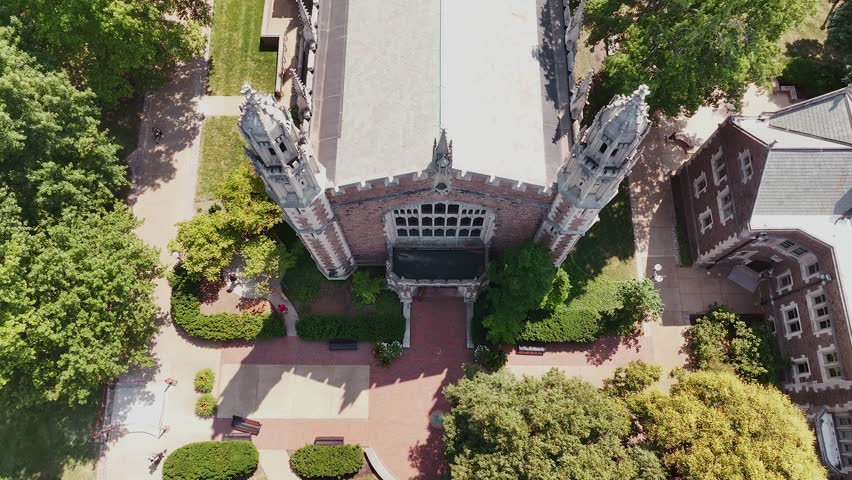 Birds-eye view of Graham Chapel Church at Washington University in St. Louis, Missouri inside of a college campus.
