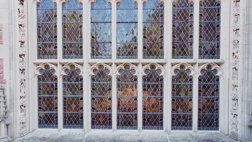 Aerial view of Graham Chapel Church at Washington University in St. Louis, Missouri outside looking at stained glass windows and architecture. 