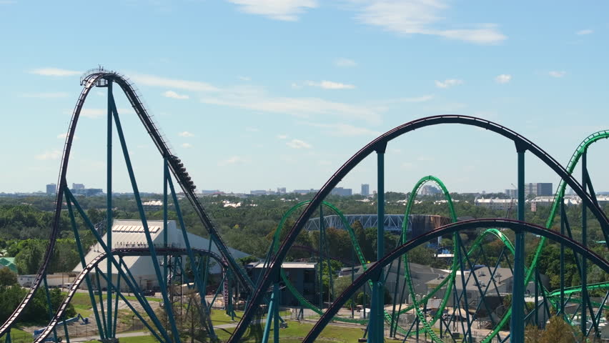 Aerial view of rollercoaster in adventure amusement park in Orlando, Florida. USA tourist attraction.