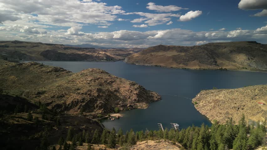 Aerial of cove on Columbia river near Grand Coulee at Lake Roosevelt in Washington