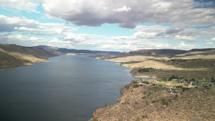 Aerial of dammed Columbia River through Lake Roosevelt by Grand Coulee Washington